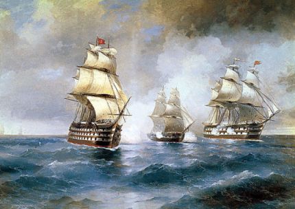 Brig Mercury fights two Turkish ships